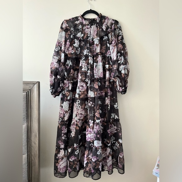 Beulah Style Sheer Floral Purple Tiered Ruffled Trim Long Dress (Sz Large) - Picture 2 of 14